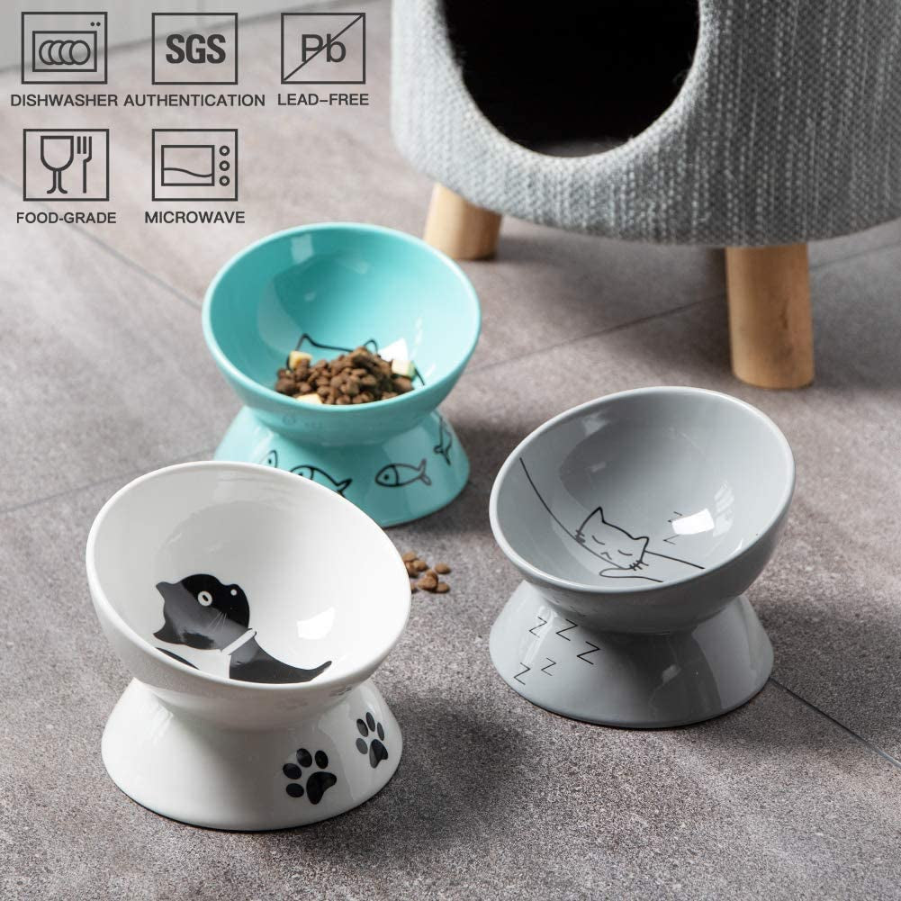 Ceramic Raised Cat Bowls, Slanted Cat Dish Food or Water Bowls, Elevated Porcelain Pet Feeder Bowl Protect Cat'S Spine, Stress Free, Backflow Prevention(Gray)