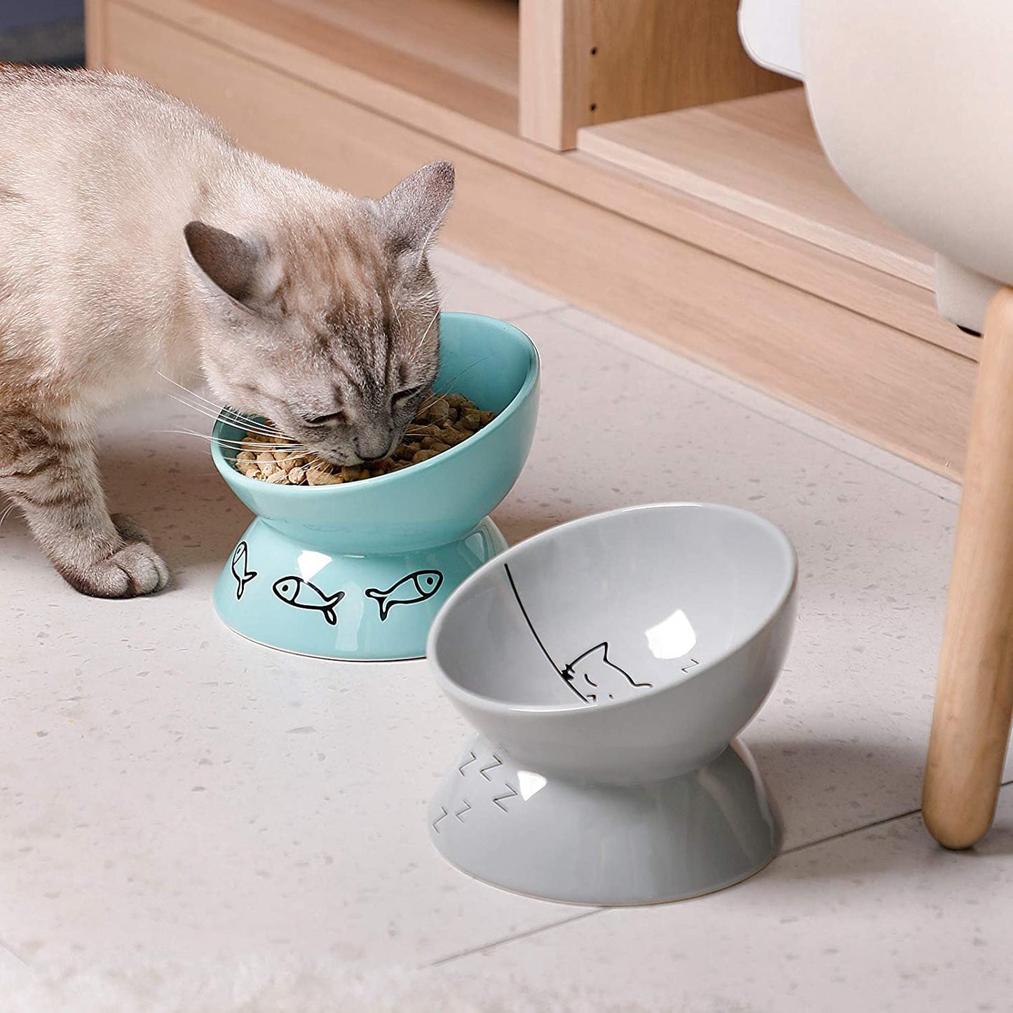 Ceramic Raised Cat Bowls, Slanted Cat Dish Food or Water Bowls, Elevated Porcelain Pet Feeder Bowl Protect Cat'S Spine, Stress Free, Backflow Prevention(Gray)