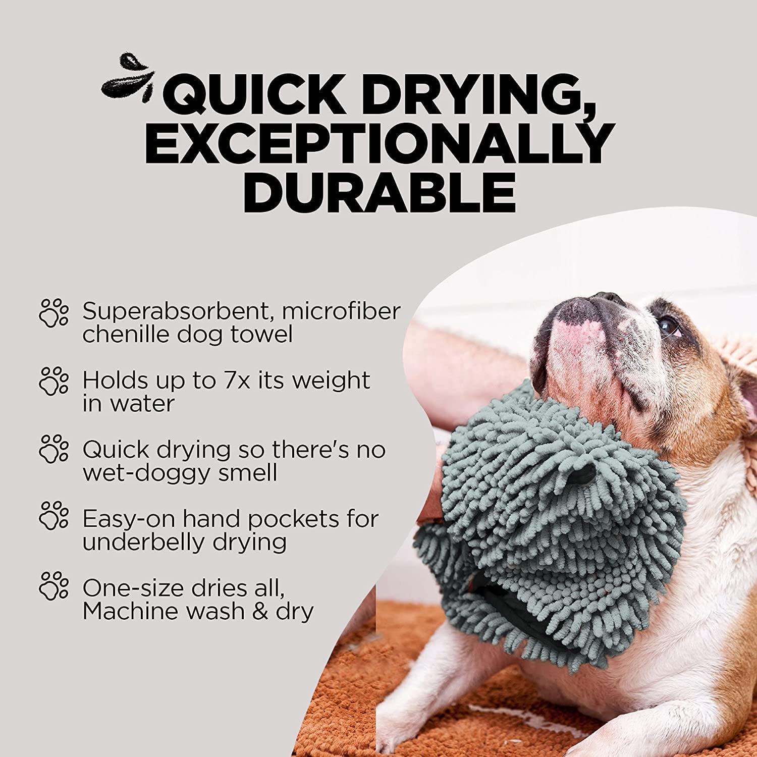 Soggy Doggy Super Shammy Dog Towel | Gray | 31” X 14” | Microfiber Chenille Towel for Drying Dogs and Cleaning Paws | Fast Drying with Hand Pockets for Ease