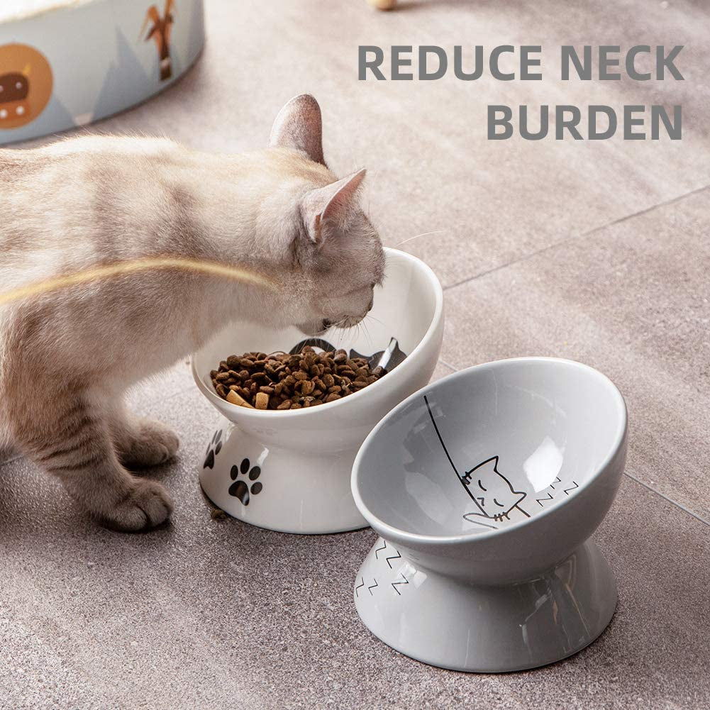 Ceramic Raised Cat Bowls, Slanted Cat Dish Food or Water Bowls, Elevated Porcelain Pet Feeder Bowl Protect Cat'S Spine, Stress Free, Backflow Prevention(Gray)